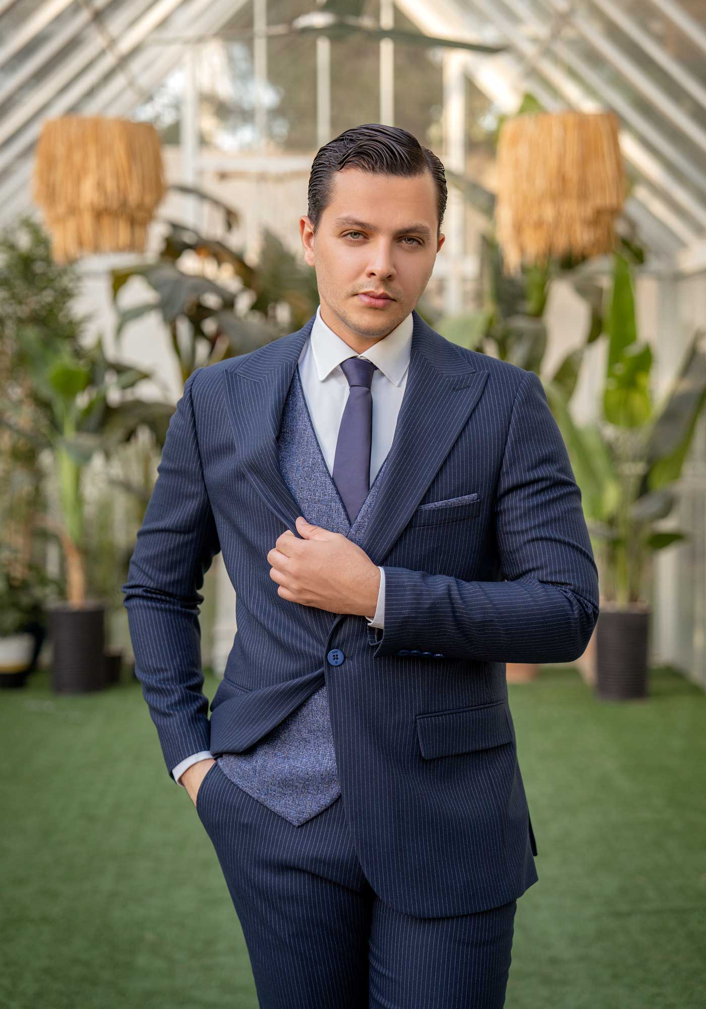 کت و شلوار دبل فیس راه راه سرمه ای