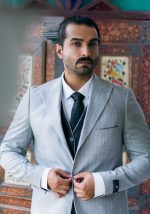 کت و شلوار دبل فیس راه راه طوسی